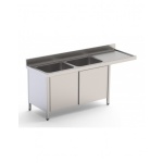 Fregadero Industrial Para Lavavajillas Acero Inoxidable Con 2 Cubas y Escurridor Con Mueble con Puertas Correderas